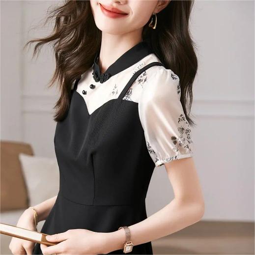 高級感撞色立領假兩件吊帶拼接連身裙