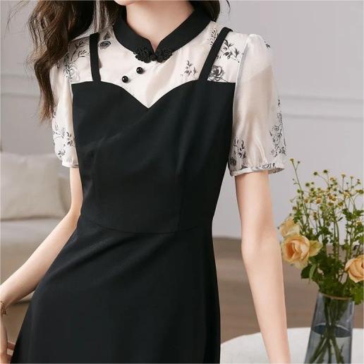 高級感撞色立領假兩件吊帶拼接連身裙