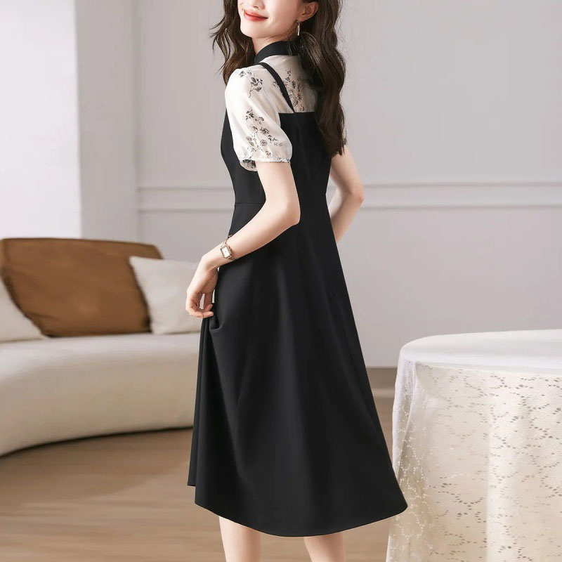 高級感撞色立領假兩件吊帶拼接連身裙