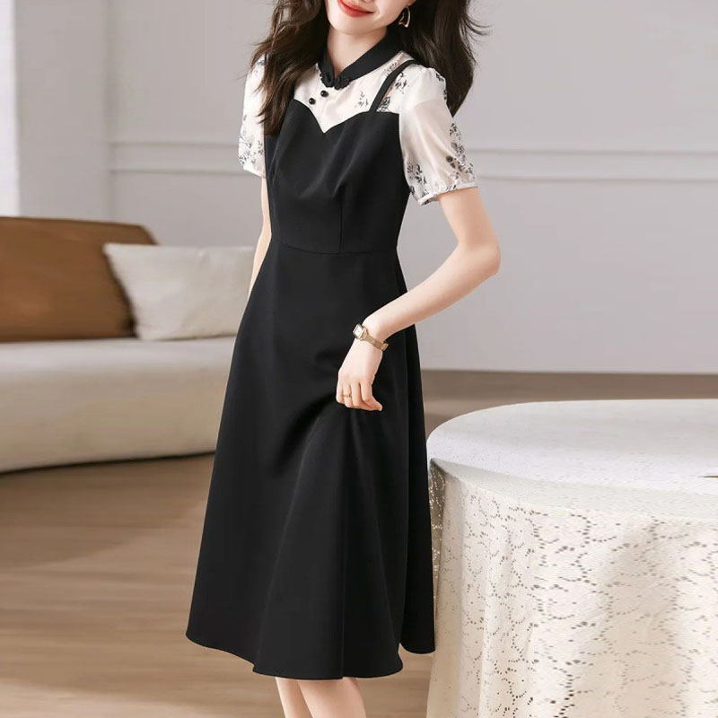 高級感撞色立領假兩件吊帶拼接連身裙