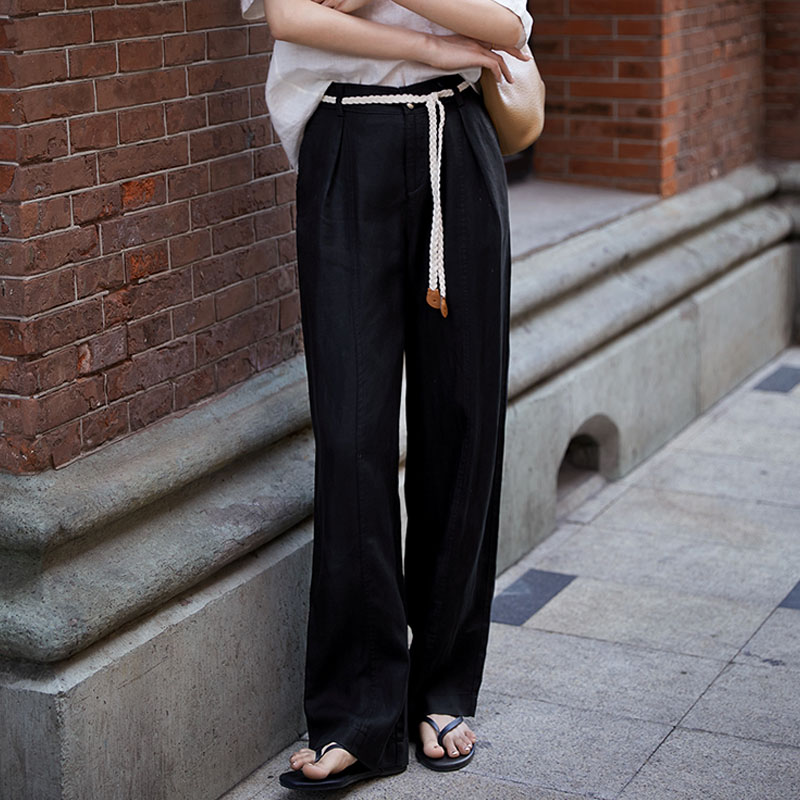 休閒純色亜麻直筒闊腿褲