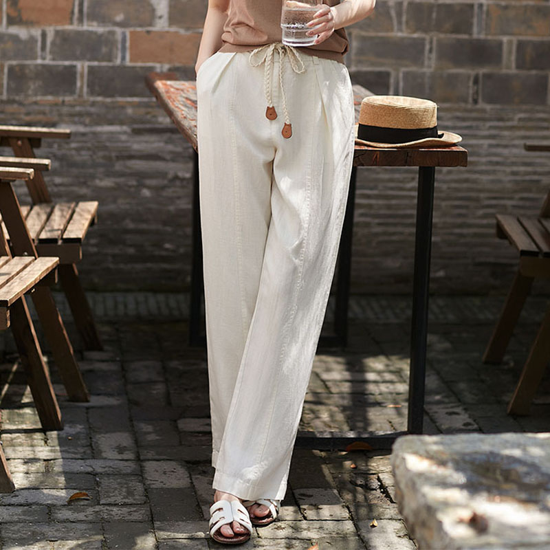 休閒純色亜麻直筒闊腿褲