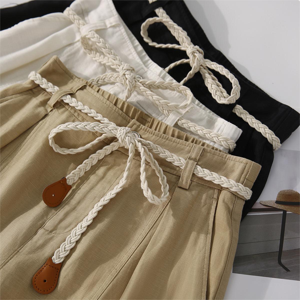 休閒純色亜麻直筒闊腿褲