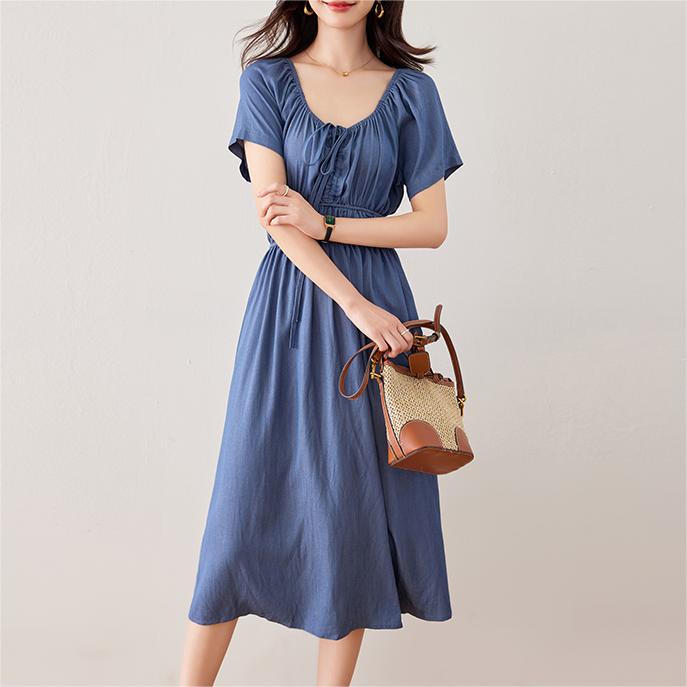 韓版綁帶鬆緊腰牛仔連身裙