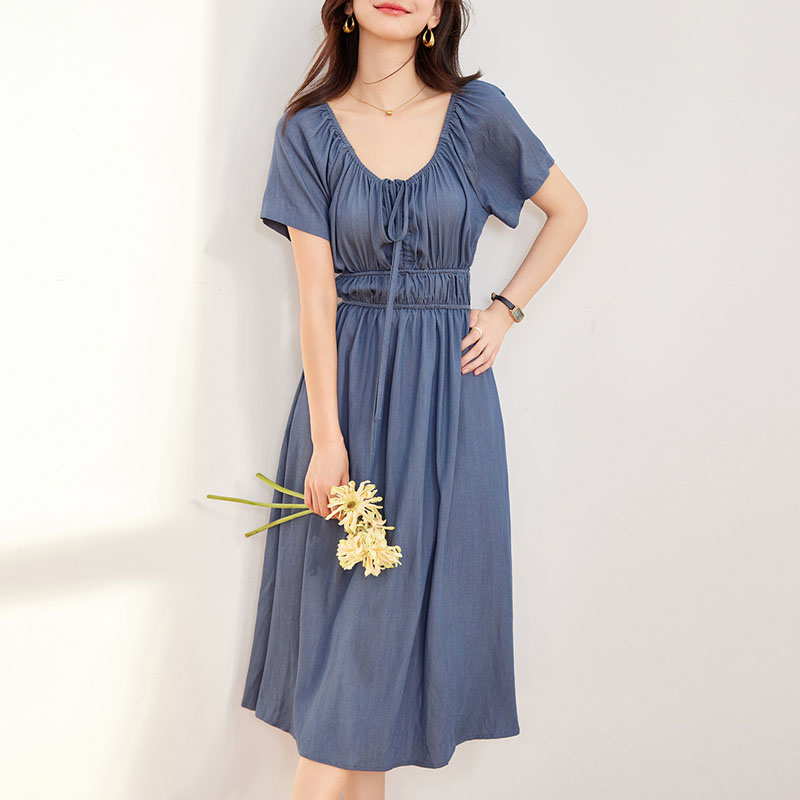 韓版綁帶鬆緊腰牛仔連身裙