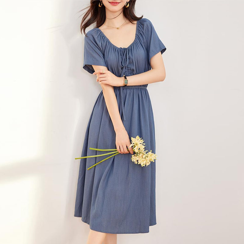 韓版綁帶鬆緊腰牛仔連身裙