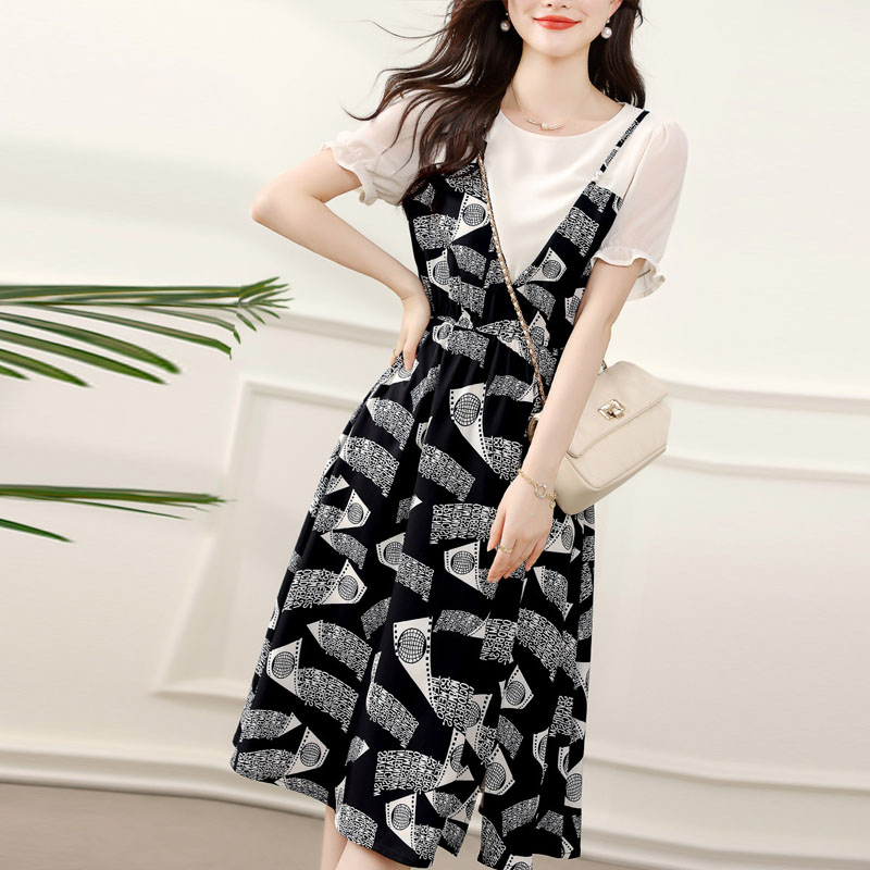 氣質印花拼接假兩件收腰洋裝