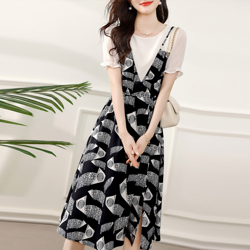 氣質印花拼接假兩件收腰洋裝