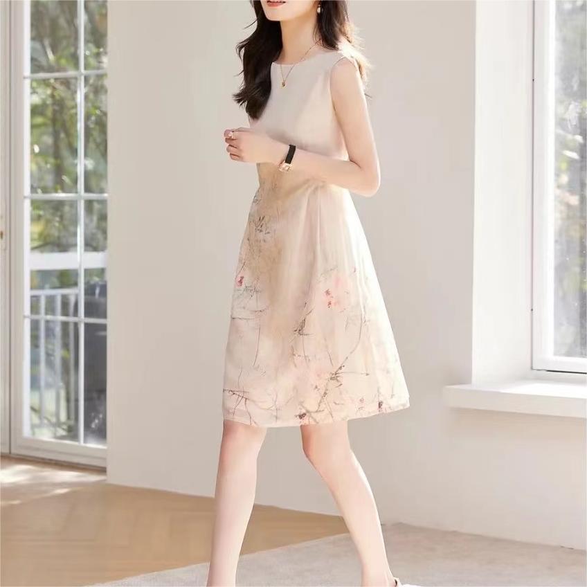 通勤日常圓領印花無袖連身裙