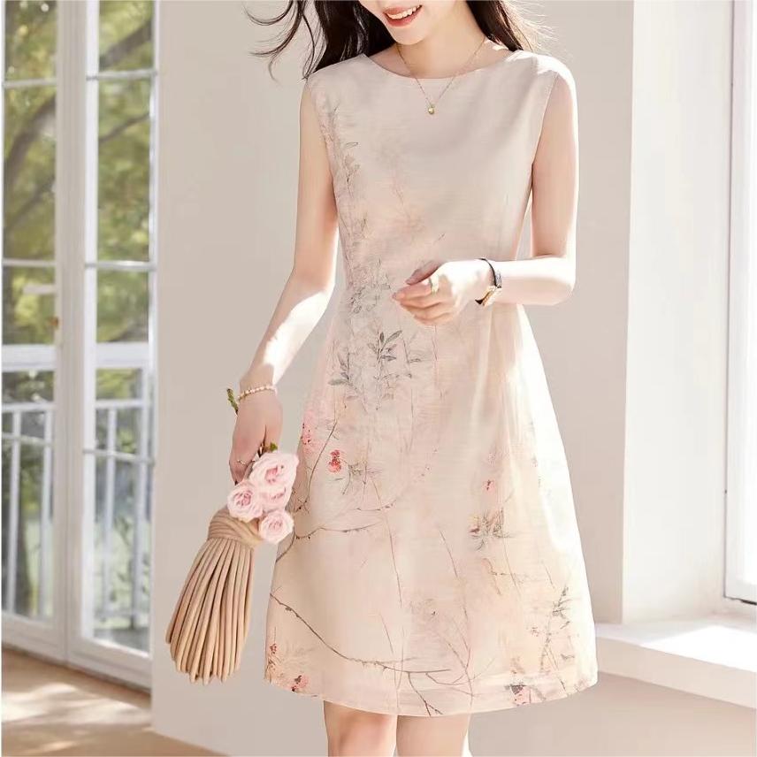 通勤日常圓領印花無袖連身裙