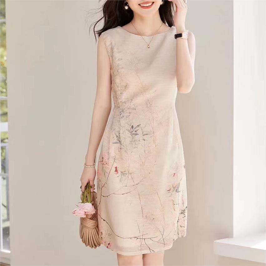 通勤日常圓領印花無袖連身裙