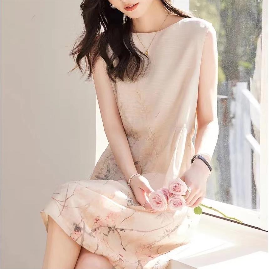 通勤日常圓領印花無袖連身裙