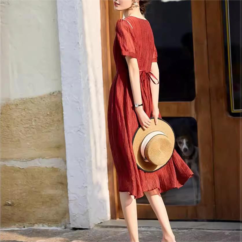 優雅純色泡泡袖方領連身裙