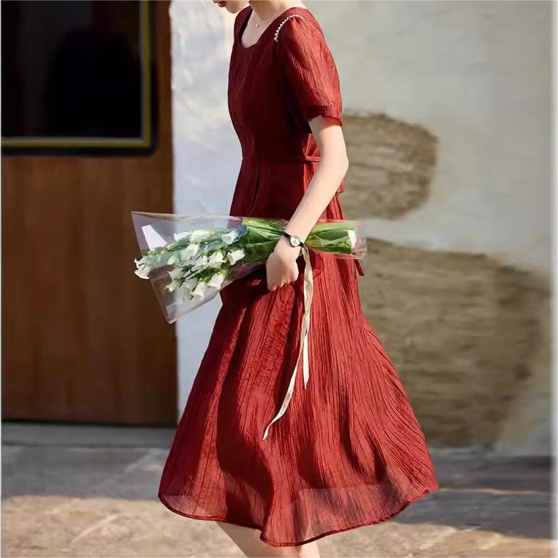 優雅純色泡泡袖方領連身裙