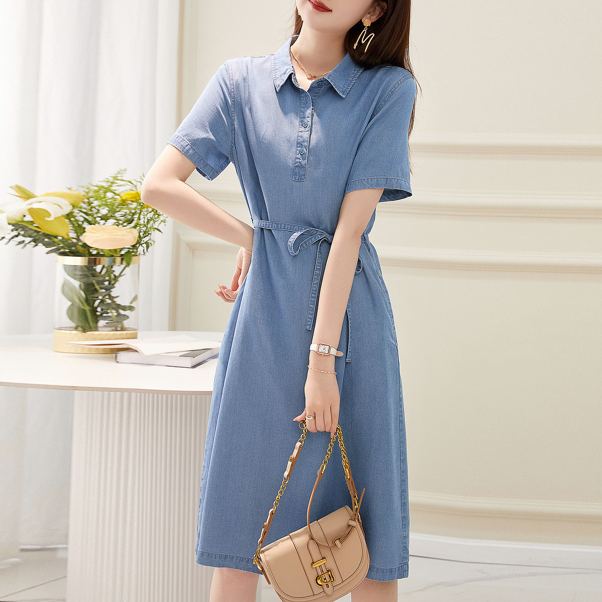 百搭翻領收腰短袖牛仔連身裙