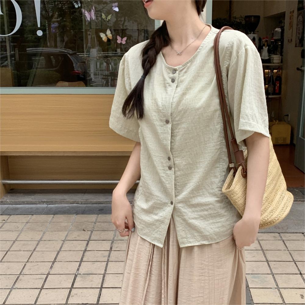 日系復古棉麻短袖襯衫