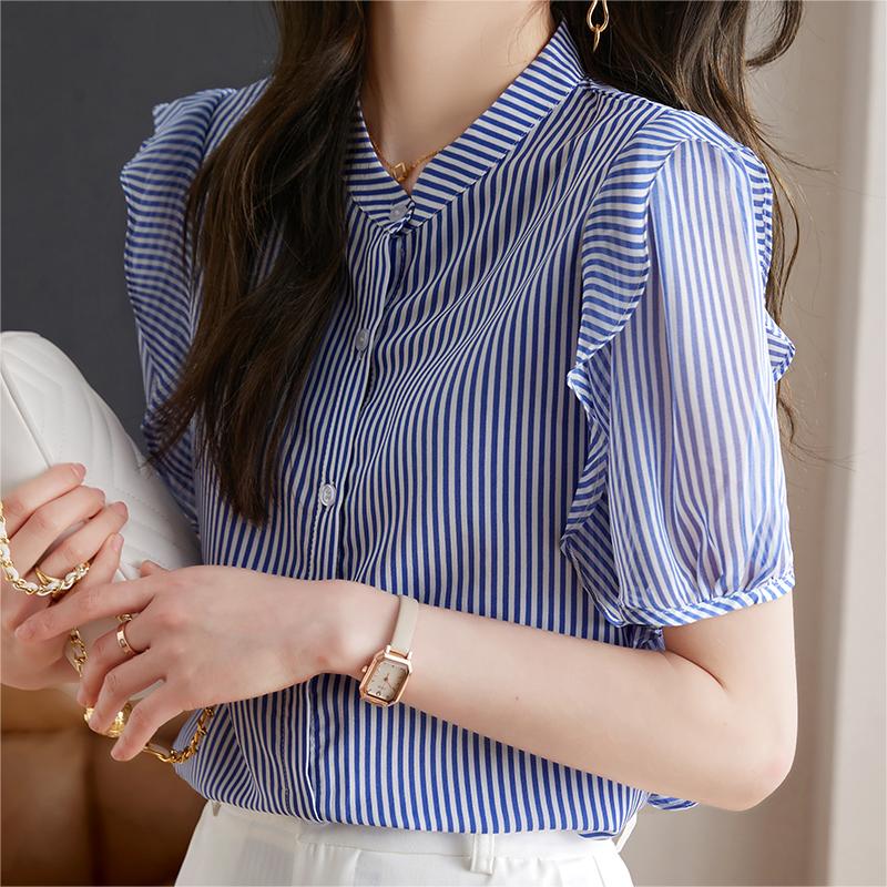 復古荷葉邊泡泡袖條紋襯衫