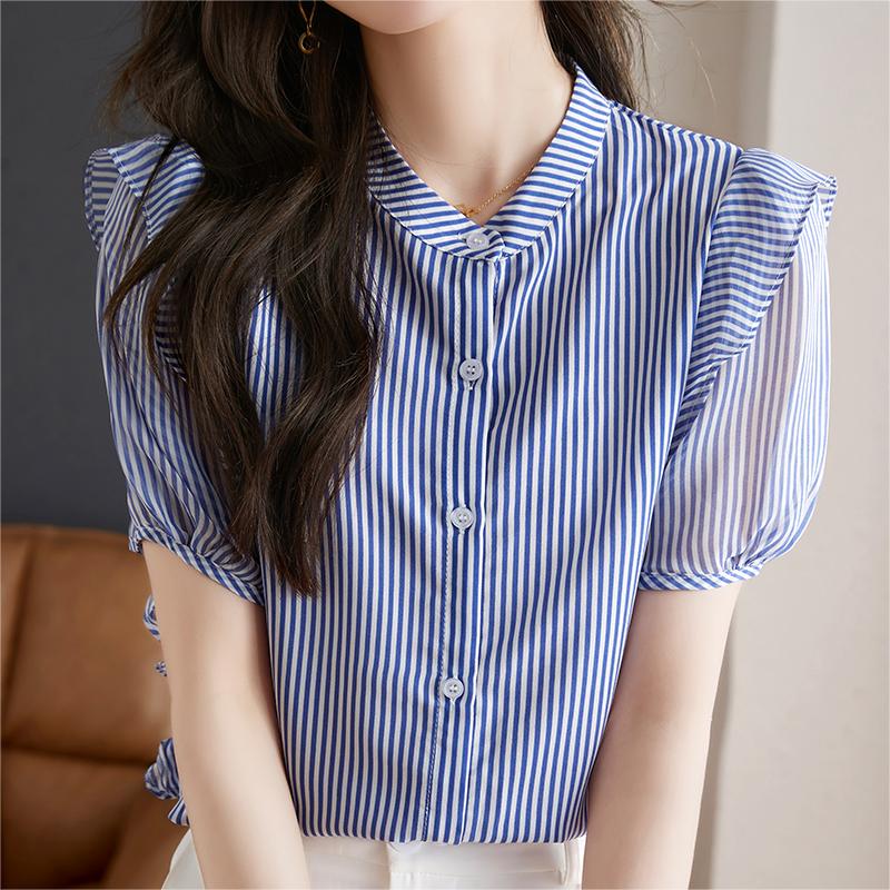 復古荷葉邊泡泡袖條紋襯衫