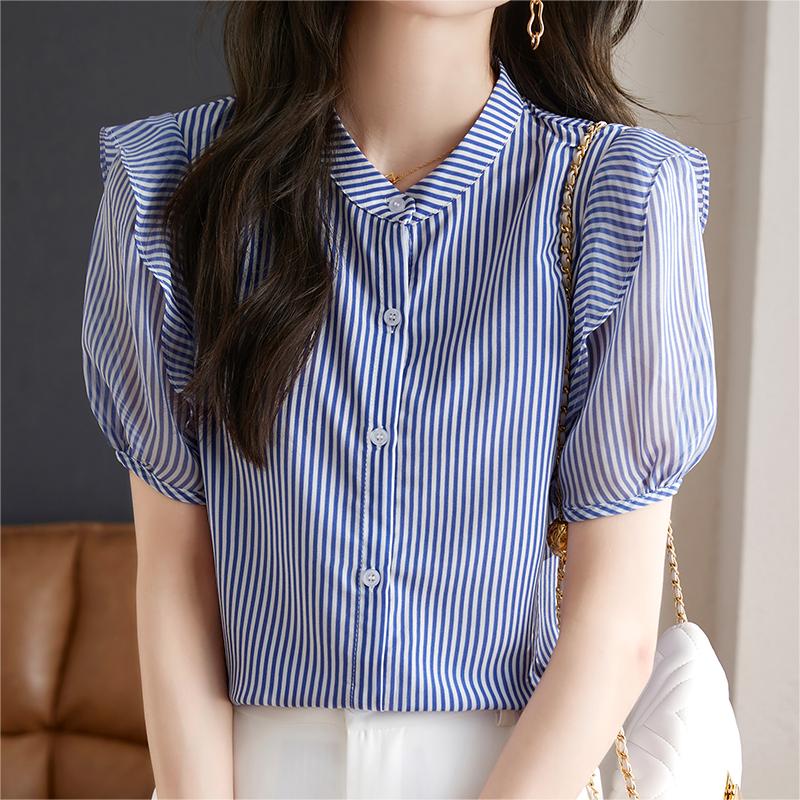 復古荷葉邊泡泡袖條紋襯衫