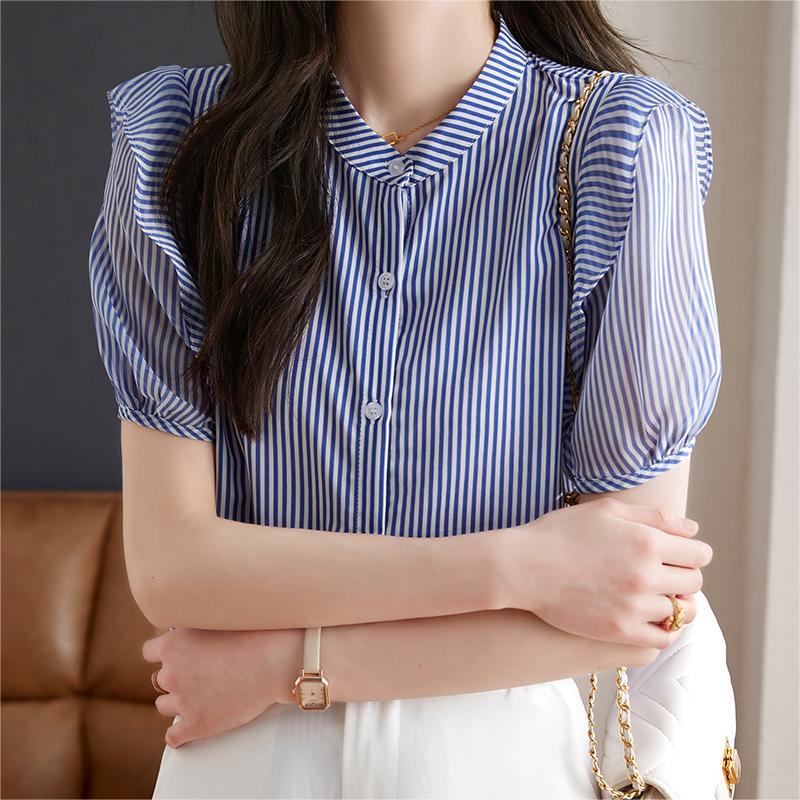 復古荷葉邊泡泡袖條紋襯衫