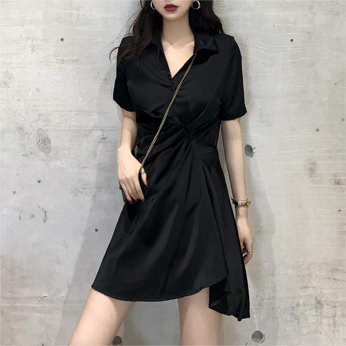 氣質純色褶皺收腰連身裙