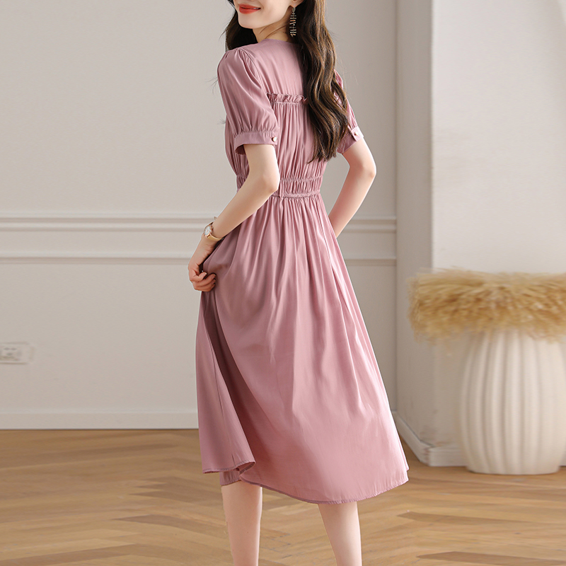 設計感純色泡泡袖連身裙