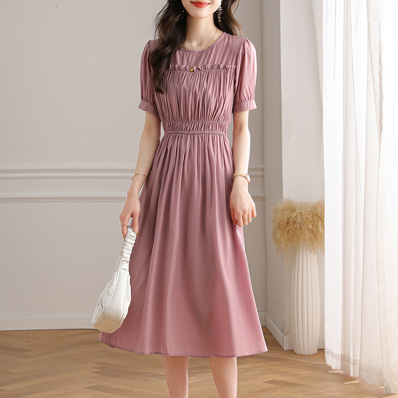 設計感純色泡泡袖連身裙