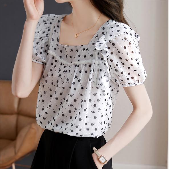 小清新碎花方領雪紡衫