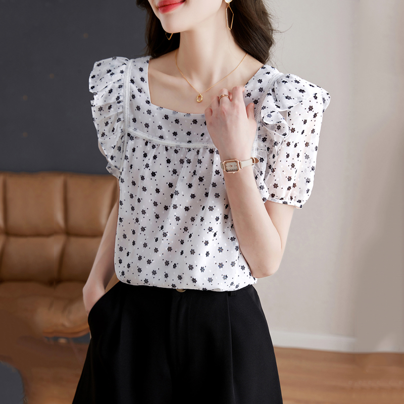 小清新碎花方領雪紡衫