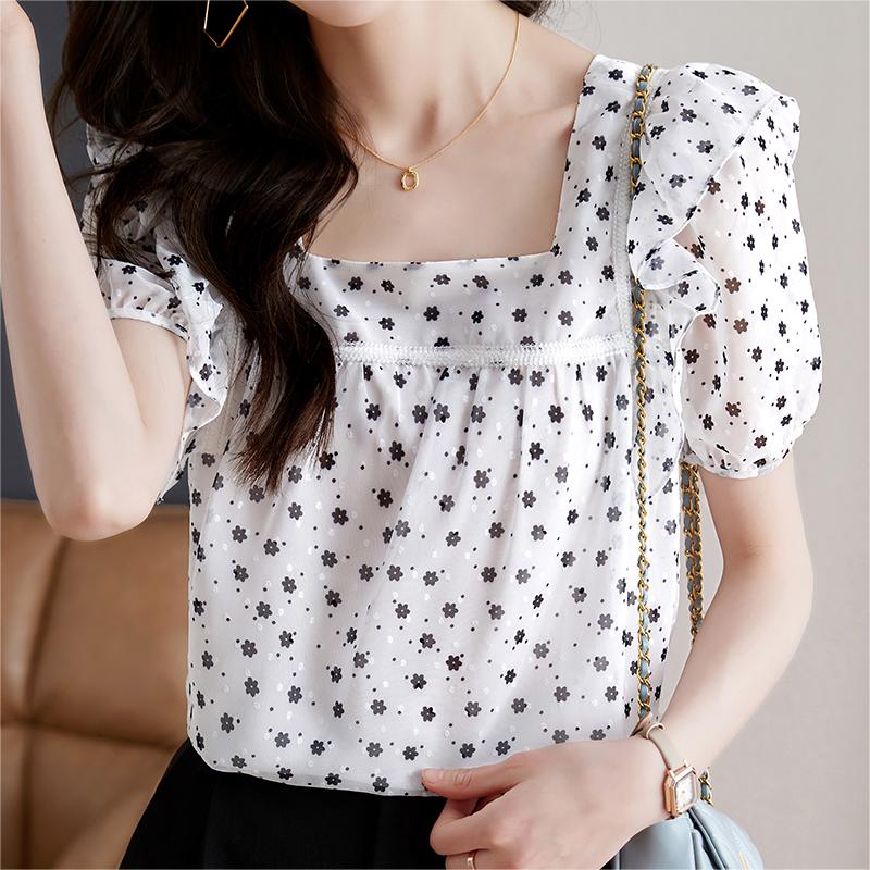 小清新碎花方領雪紡衫