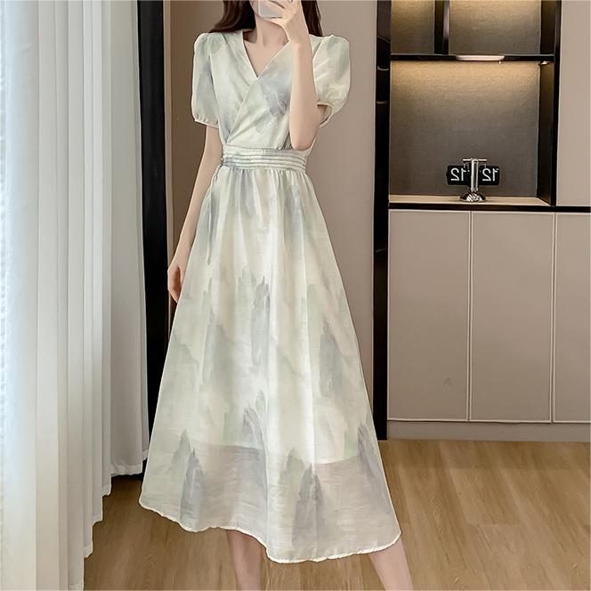 溫柔風水墨V領雪紡連身裙