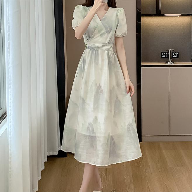 溫柔風水墨V領雪紡連身裙