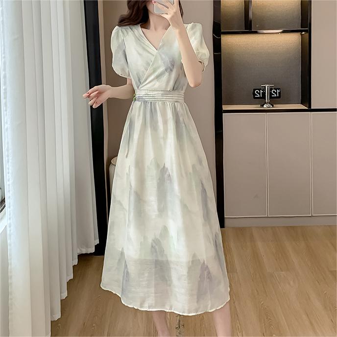 溫柔風水墨V領雪紡連身裙