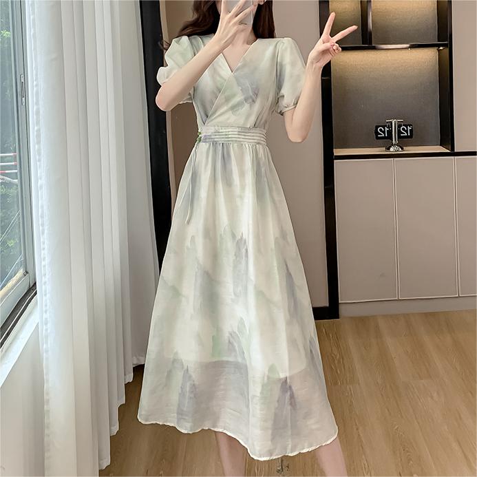 溫柔風水墨V領雪紡連身裙