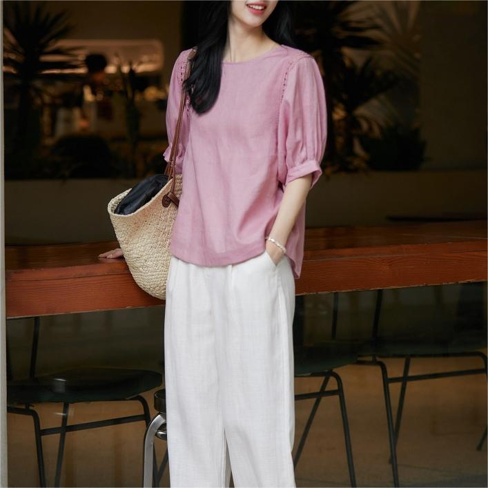 休閑減齡短袖燈籠袖T恤