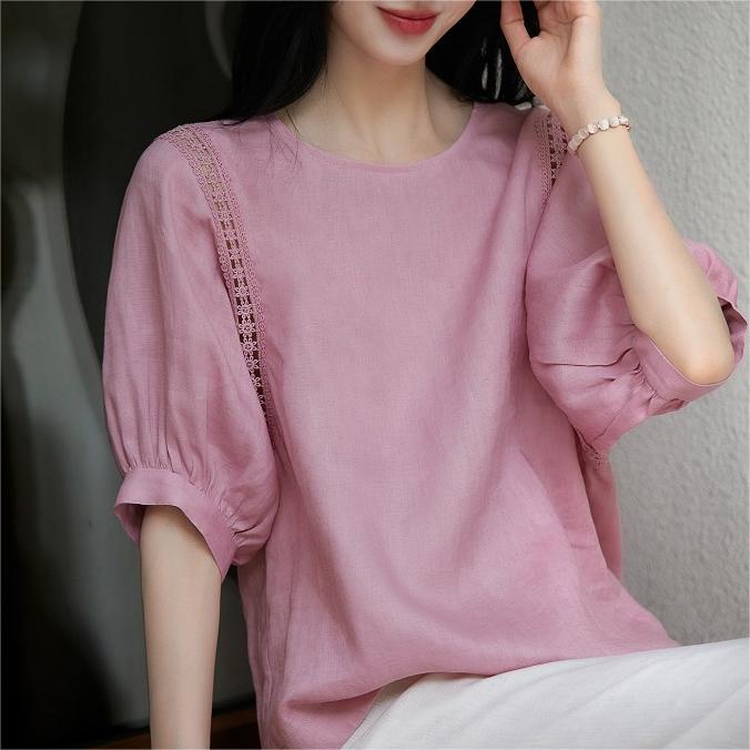 休閑減齡短袖燈籠袖T恤