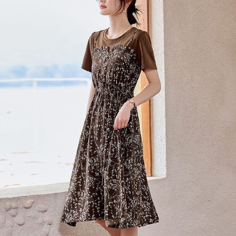 氣質假兩件吊帶拼接連身裙