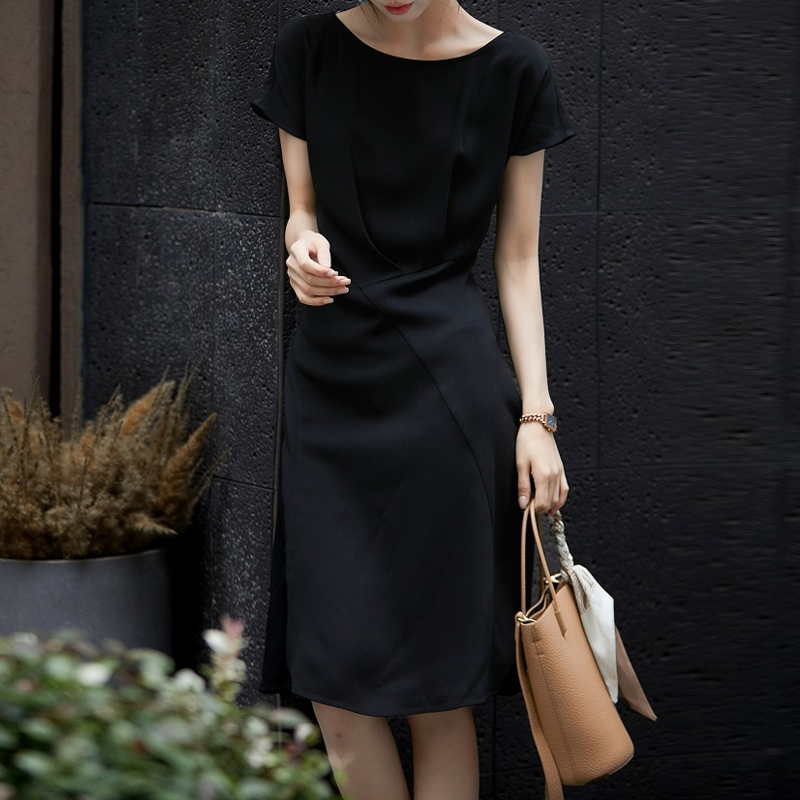 法式純色收腰短袖連身裙