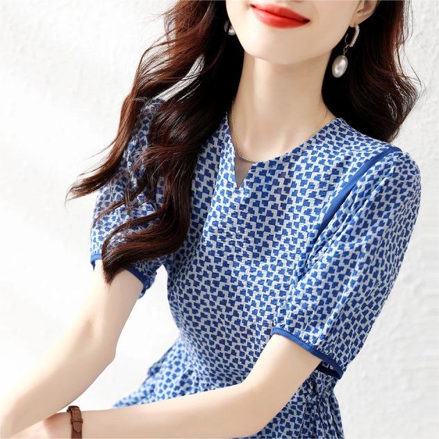 設計感印花V領收腰顯瘦連身裙