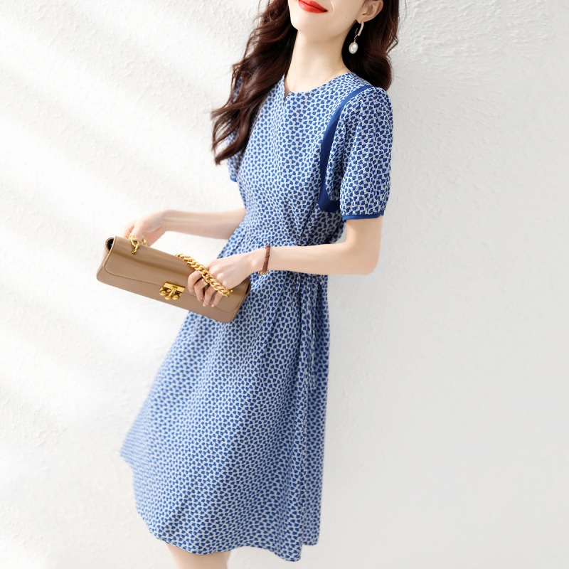 設計感印花V領收腰顯瘦連身裙