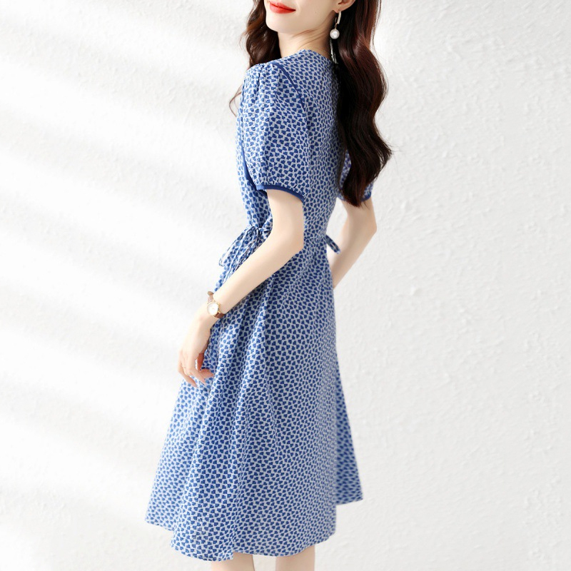 設計感印花V領收腰顯瘦連身裙