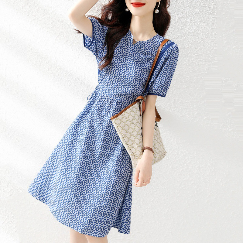 設計感印花V領收腰顯瘦連身裙