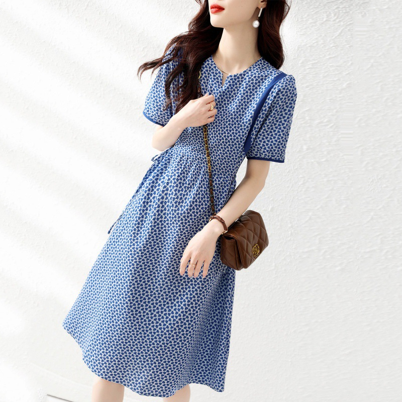 設計感印花V領收腰顯瘦連身裙