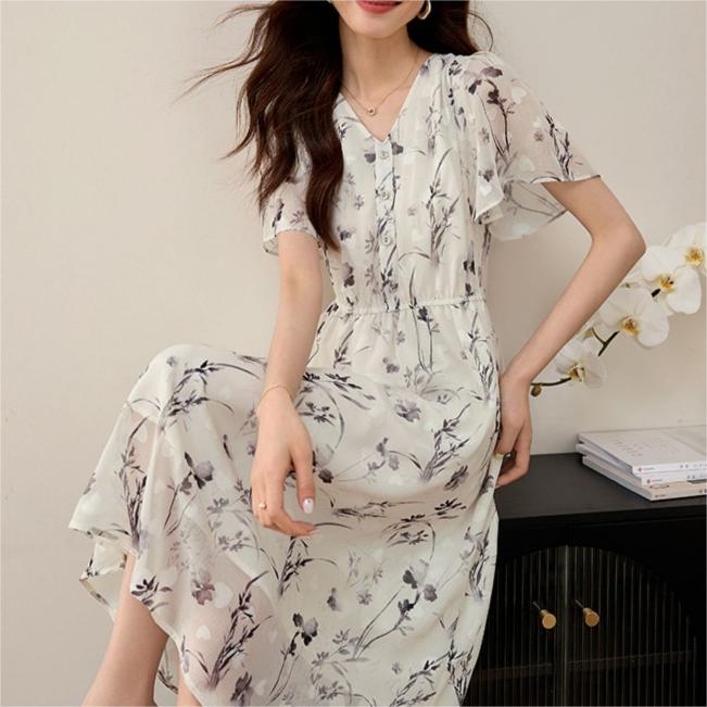 氣質收腰荷葉袖水墨印花V領洋裝