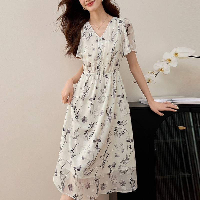 氣質收腰荷葉袖水墨印花V領洋裝