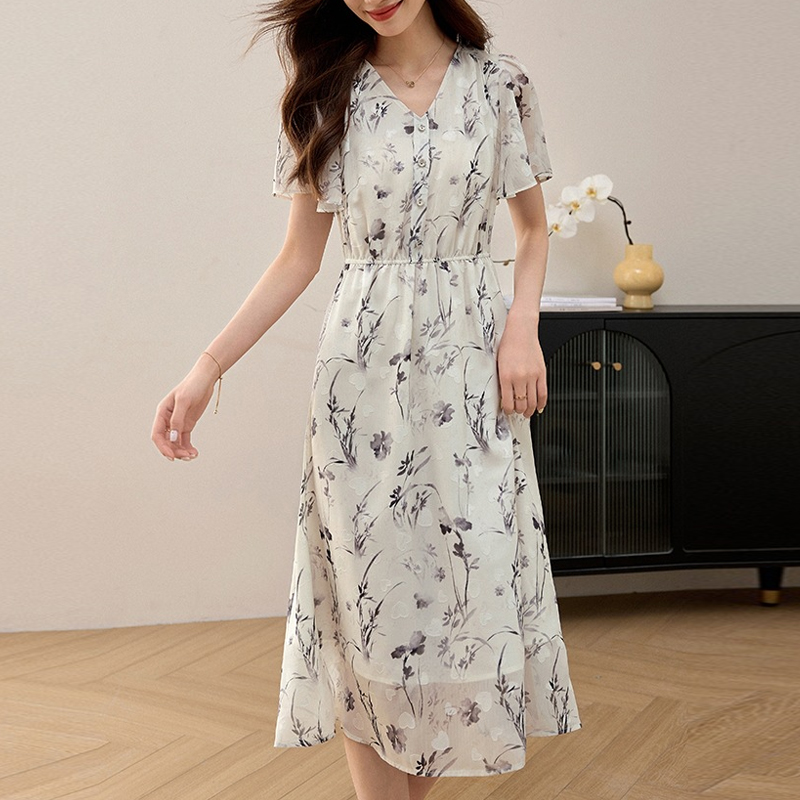 氣質收腰荷葉袖水墨印花V領洋裝