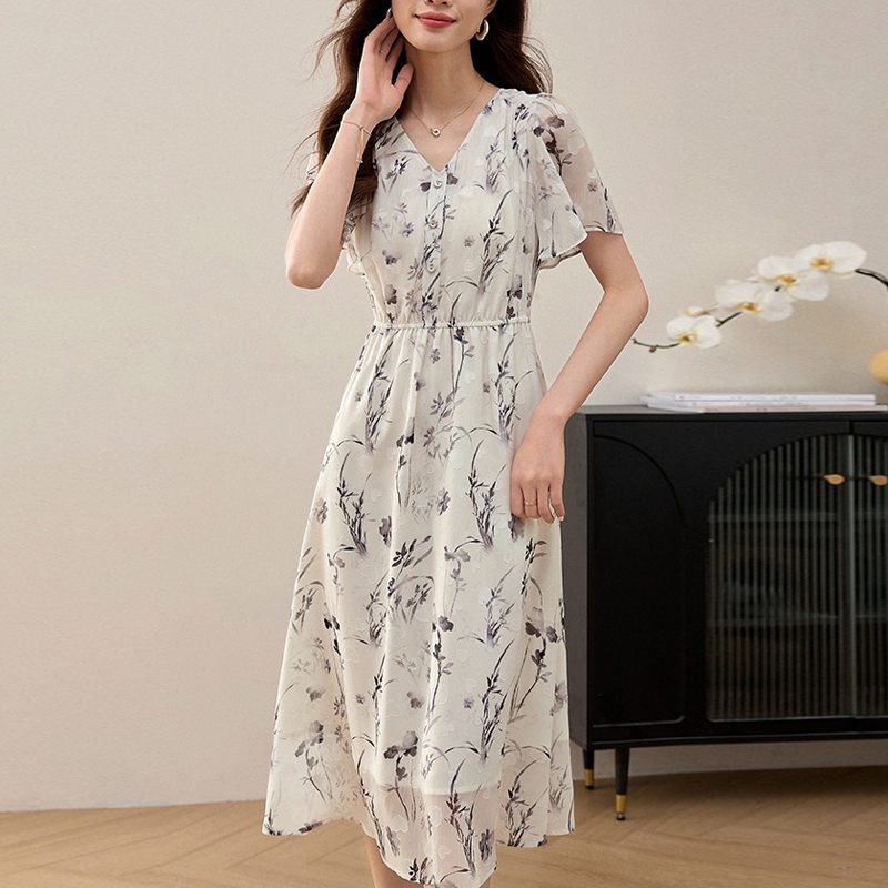 氣質收腰荷葉袖水墨印花V領洋裝