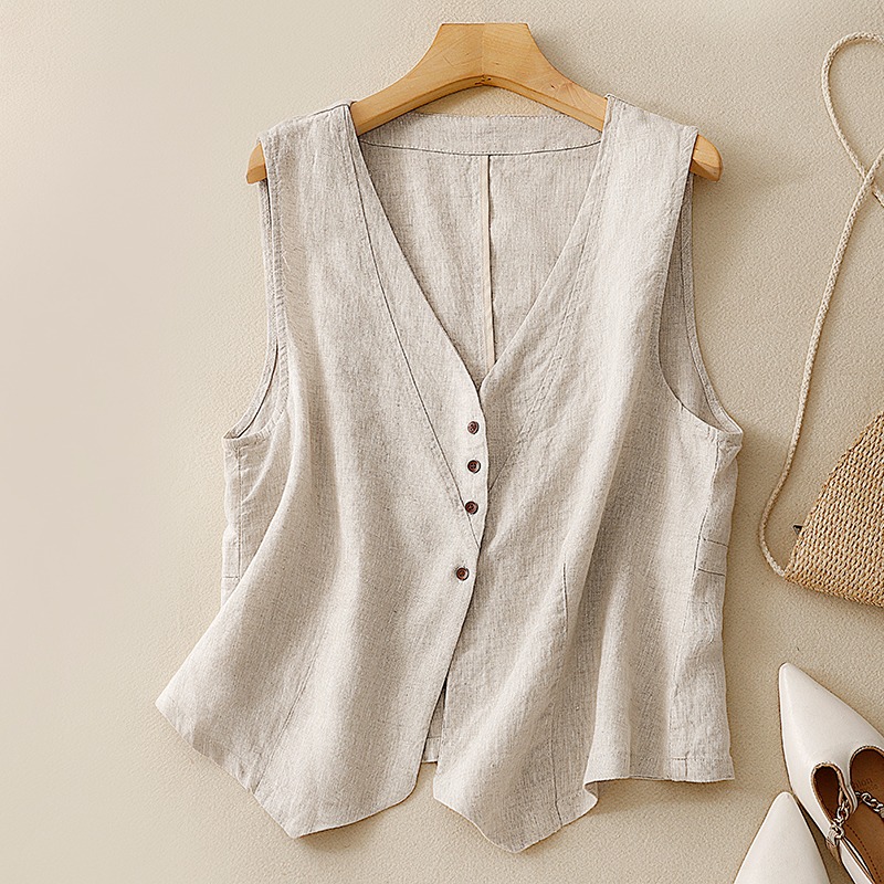 復古棉麻V領無袖背心馬甲