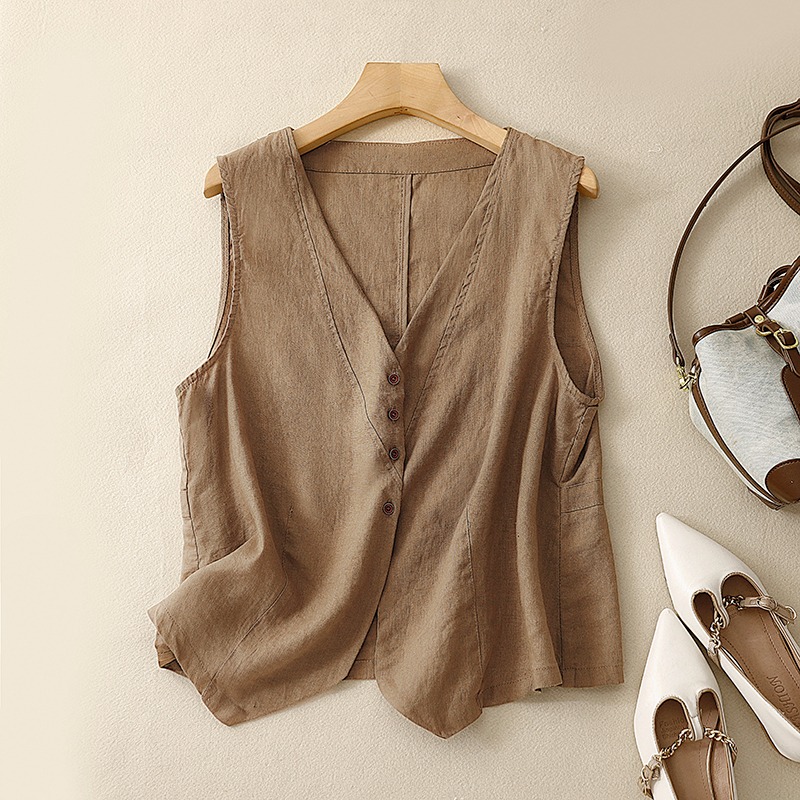 復古棉麻V領無袖背心馬甲