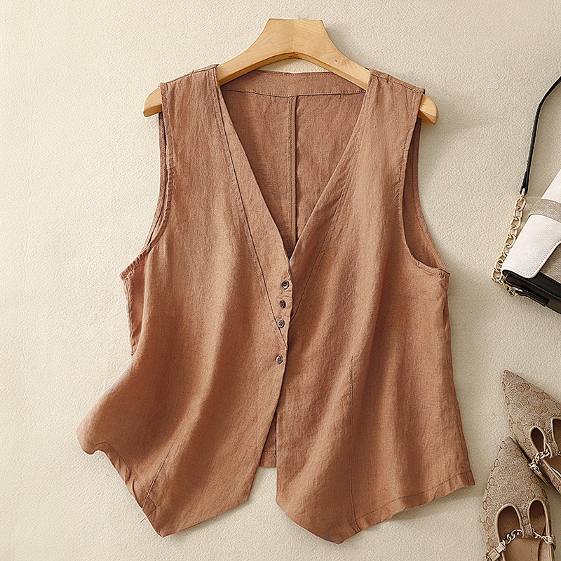 復古棉麻V領無袖背心馬甲